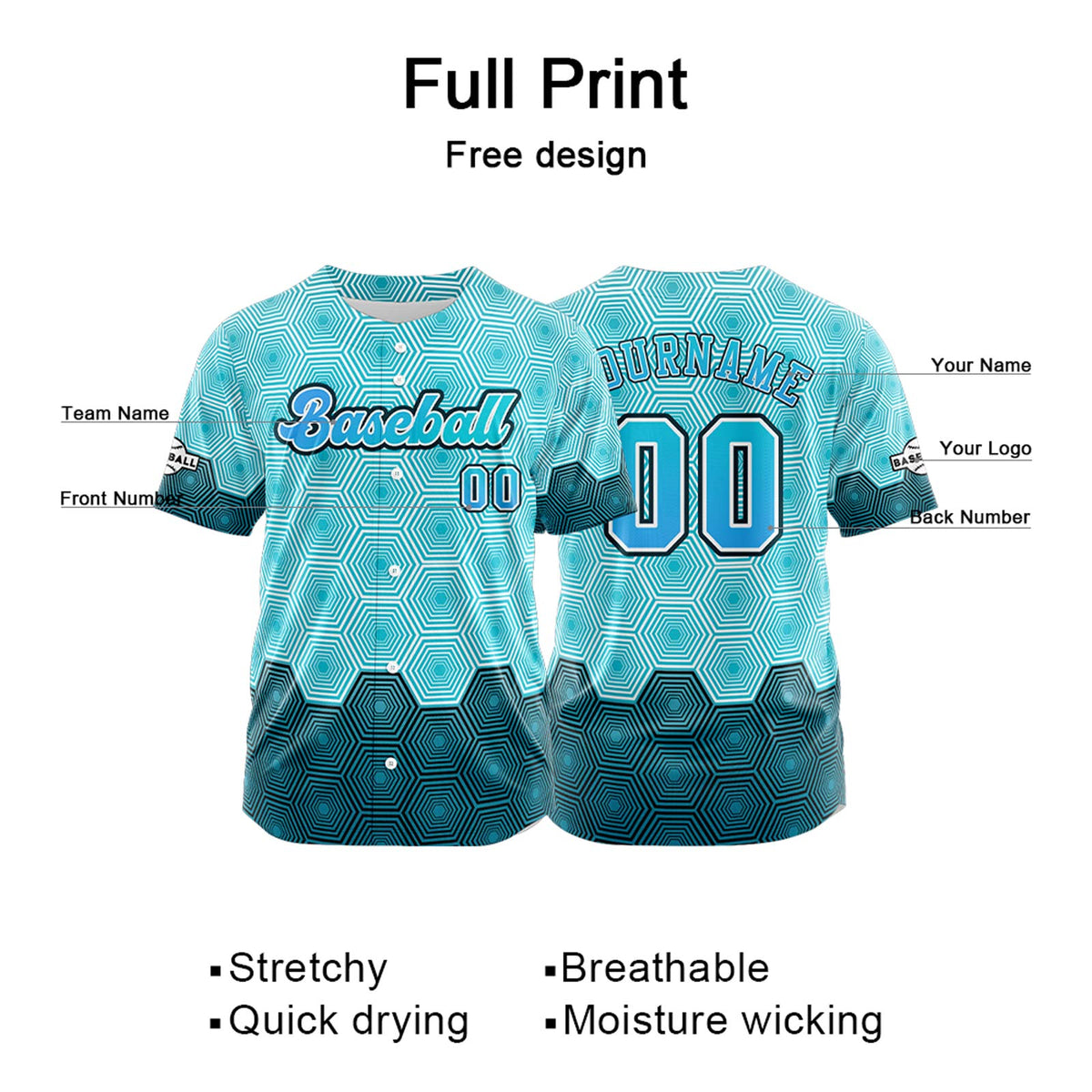 Camiseta de béisbol azul personalizada con botones para hombre mujer adulto y joven Estampado de nombre número y logotipo