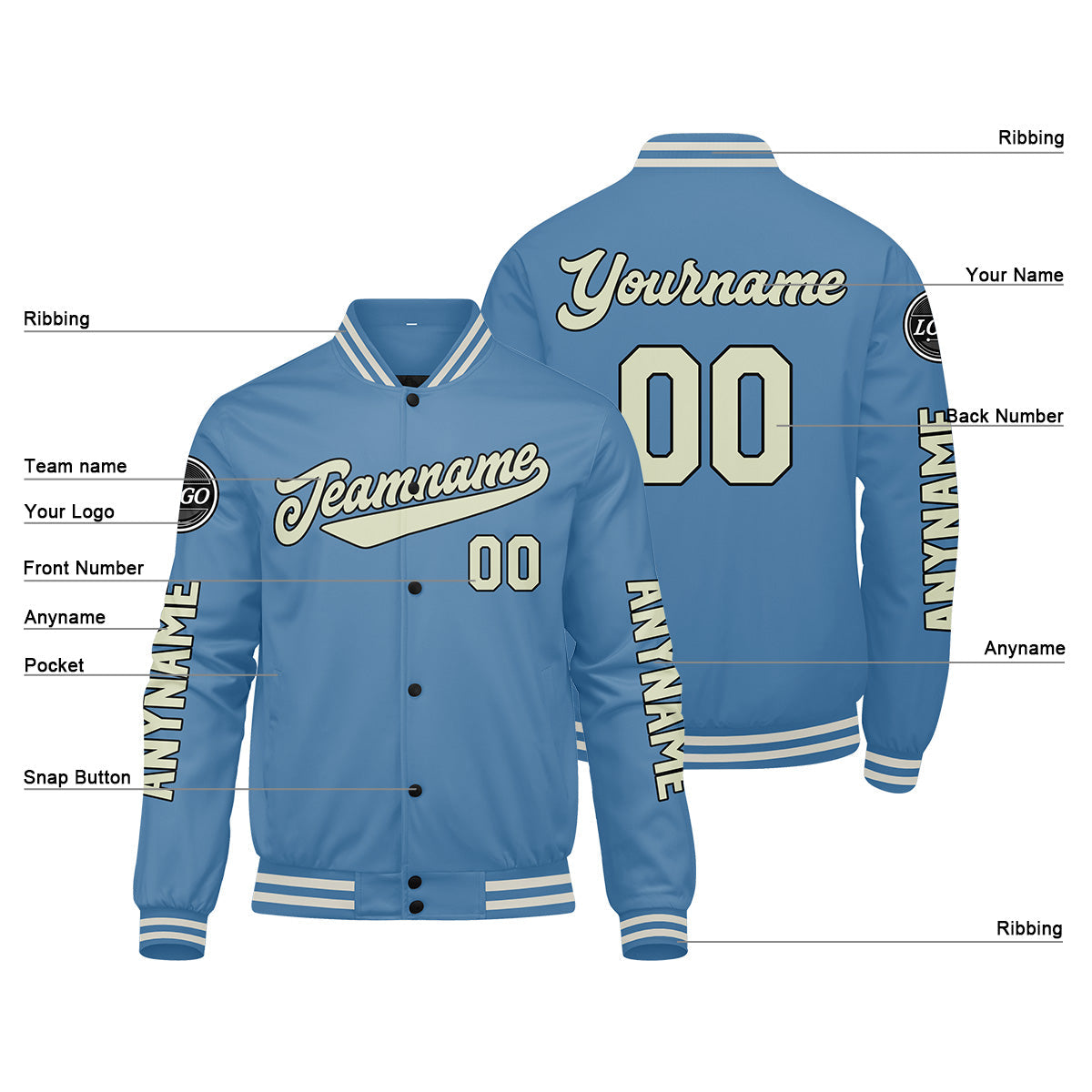 Chaquetas universitarias personalizadas azul claro crema para hombres & mujeres y jóvenes & Chaquetas Letterman personalizadas
