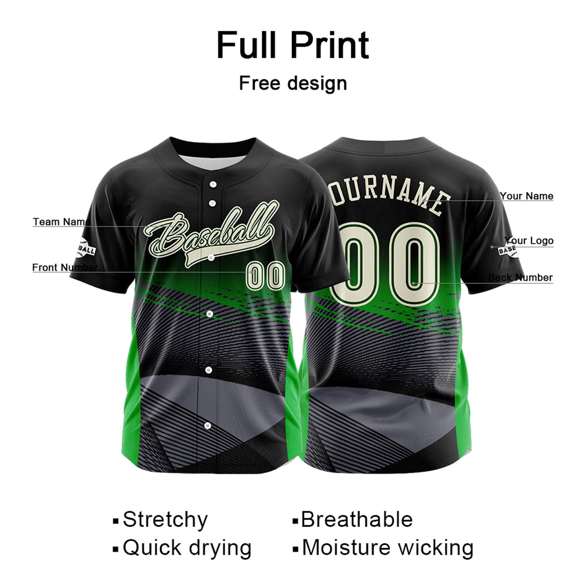 Camiseta de béisbol verde personalizada con botones para hombre mujer adulto y joven Nombre número y logotipo impresos