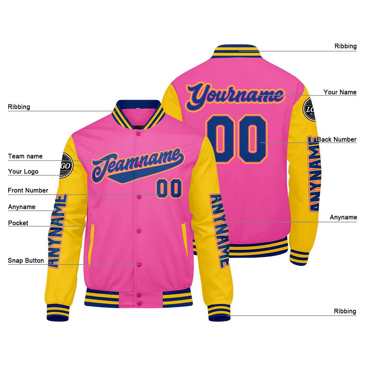 Chaquetas universitarias personalizadas en rosa y amarillo para hombres & mujeres y jóvenes & Chaquetas tipo Letterman personalizadas