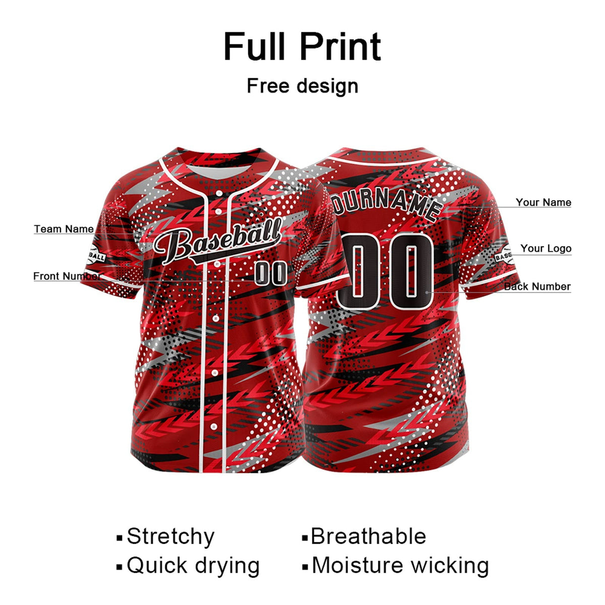 Camiseta de béisbol roja personalizada con botones para hombre mujer adulto y joven Estampado de nombre número y logotipo