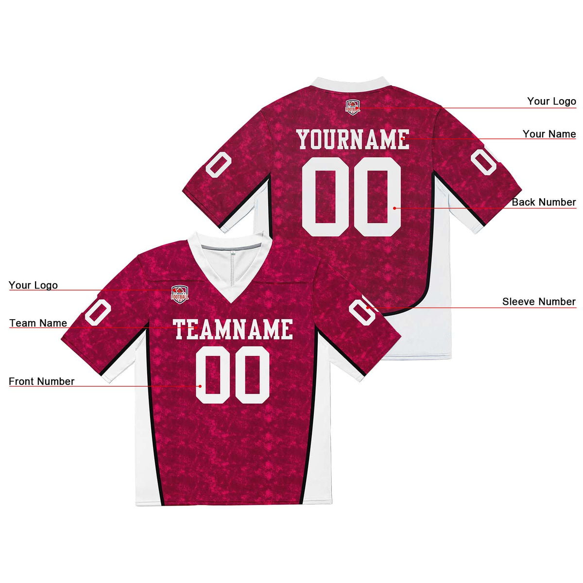 Camiseta de fútbol personalizada con nombre y número del equipo bordados y estampados en color rojo rosa