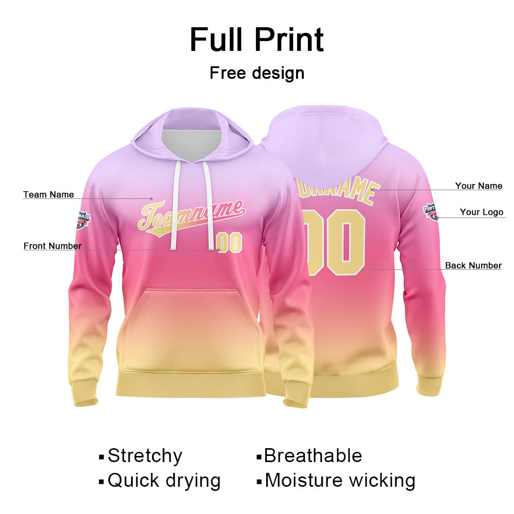 Sudadera con capucha personalizada con degradado para hombre-mujer-niña o niño Estampa tu logotipo-nombre o número en color morado claro y rosa