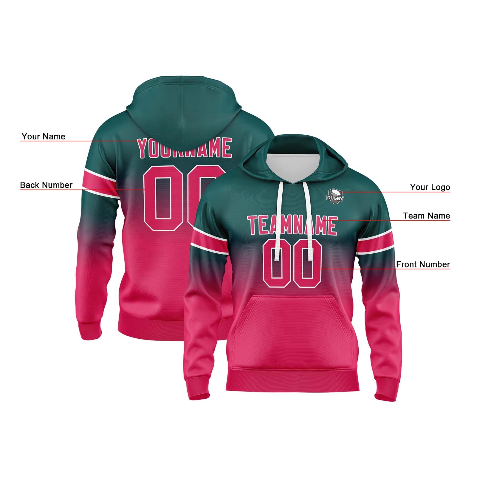 Sudadera con capucha personalizada con degradado para hombre-mujer-niña o niño Estampa tu logotipo-nombre y número en verde oscuro y rosa