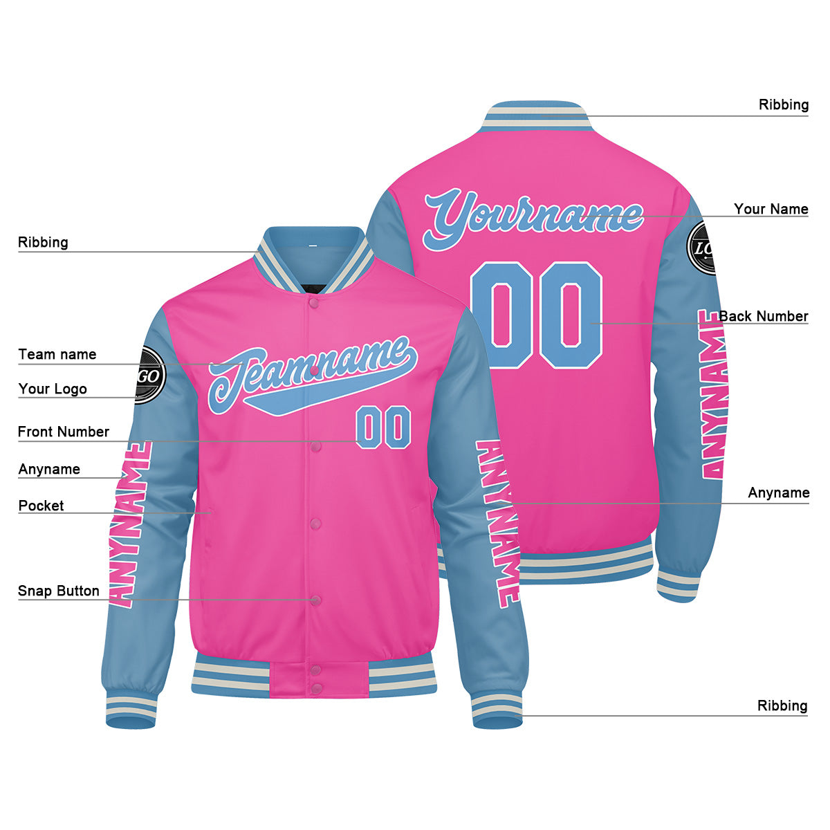 Chaquetas universitarias personalizadas en rosa y azul claro para hombres & mujeres y jóvenes & Chaquetas Letterman personalizadas