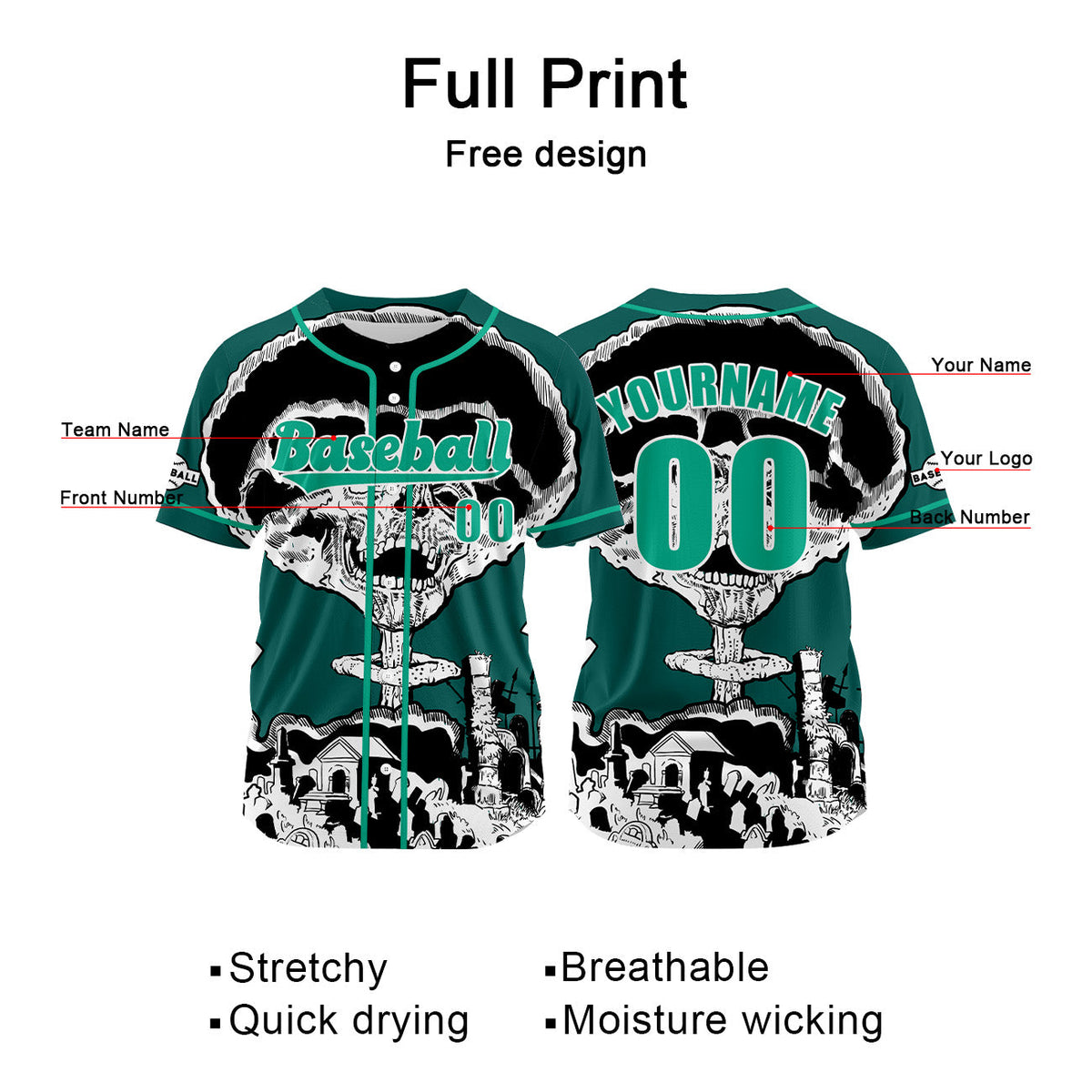 Camiseta de béisbol verde oscuro personalizada con nombre número y logotipo personalizados