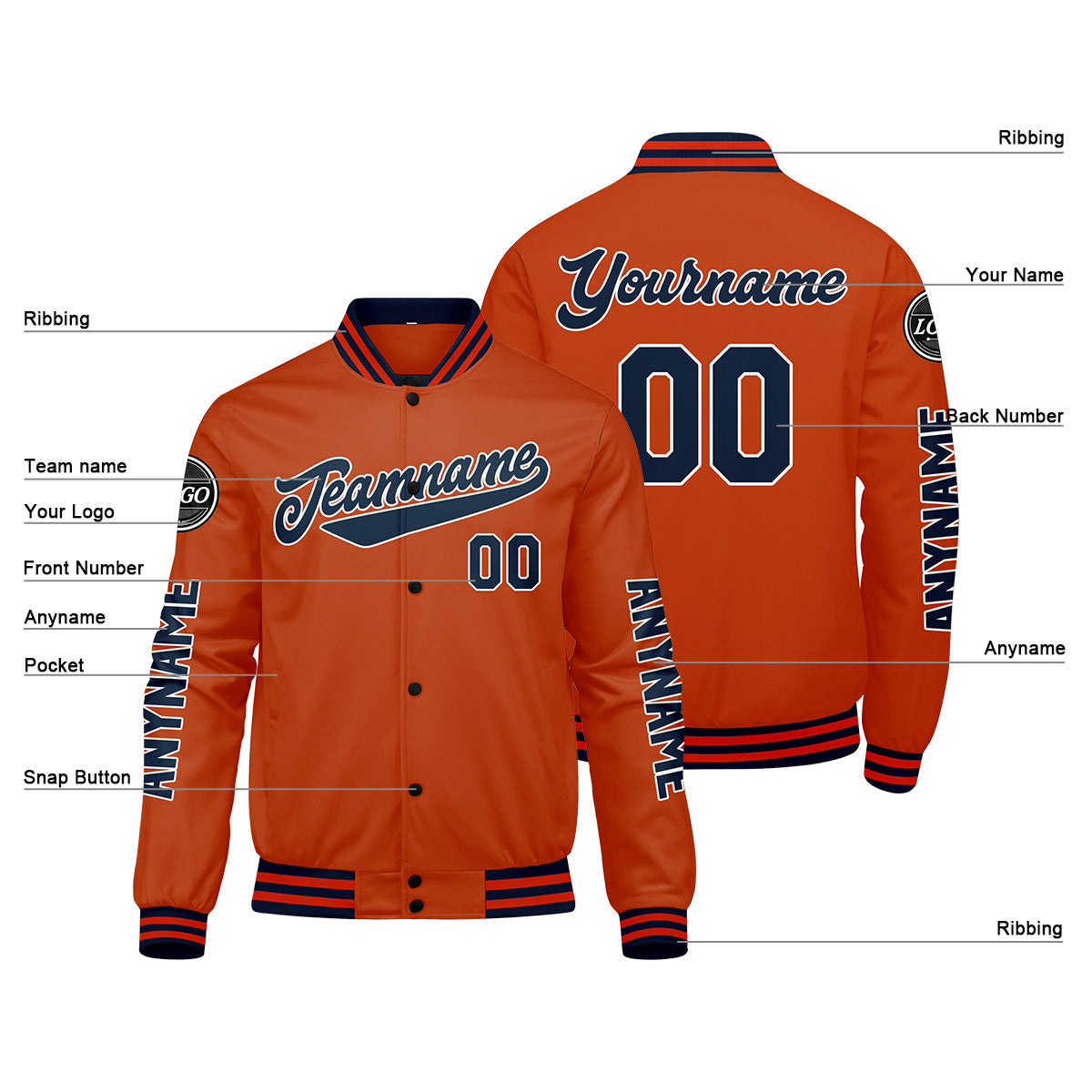 Chaquetas universitarias personalizadas azul marino y naranja para hombres & mujeres y jóvenes & Chaquetas Letterman personalizadas