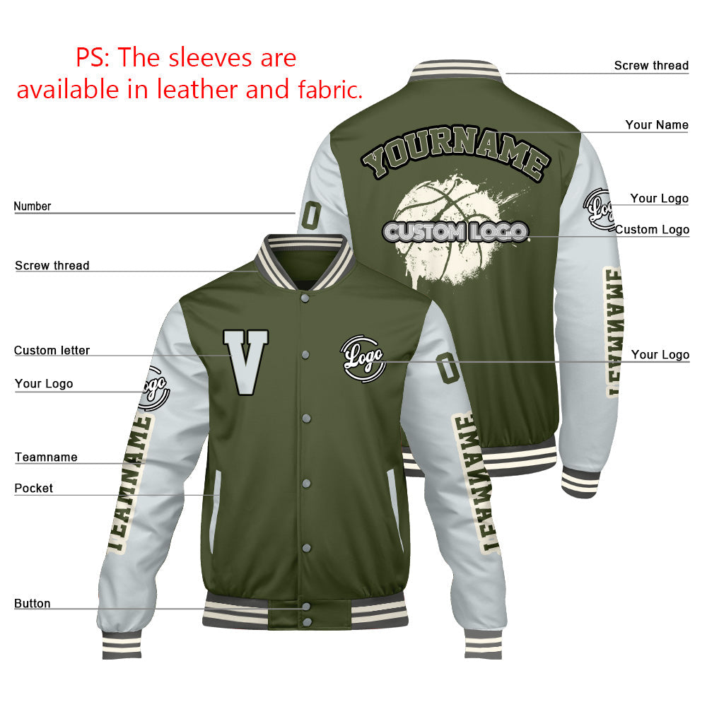 Chaquetas universitarias personalizadas en verde oliva y gris para hombres & mujeres y jóvenes & Chaquetas tipo Letterman personalizadas