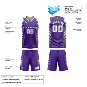 Uniforme de baloncesto personalizado morado y blanco con tu logotipo-nombre y número impresos