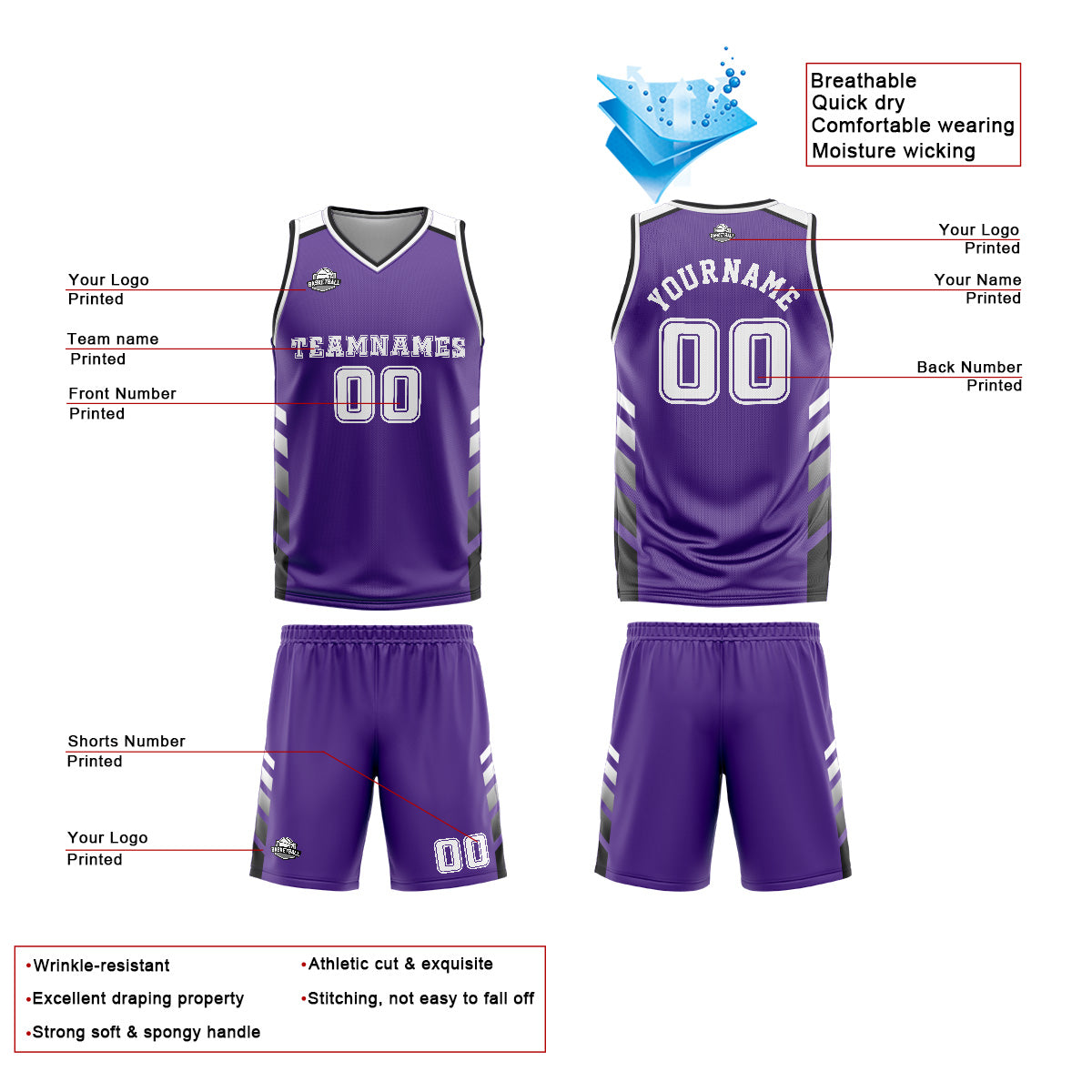 Uniforme de baloncesto personalizado morado y blanco con tu logotipo-nombre y número impresos