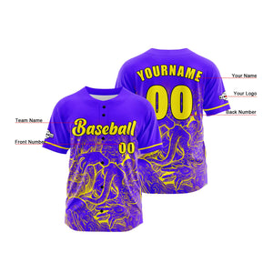 Camiseta de béisbol personalizada de color morado y amarillo con botones para hombre mujer adulto y joven Estampado de nombre número y logotipo