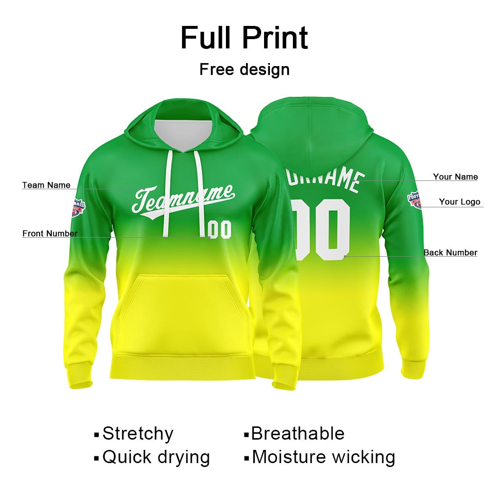 Sudadera con capucha personalizada con degradado para hombre-mujer-niña o niño Estampa tu logotipo-nombre o número en verde y amarillo