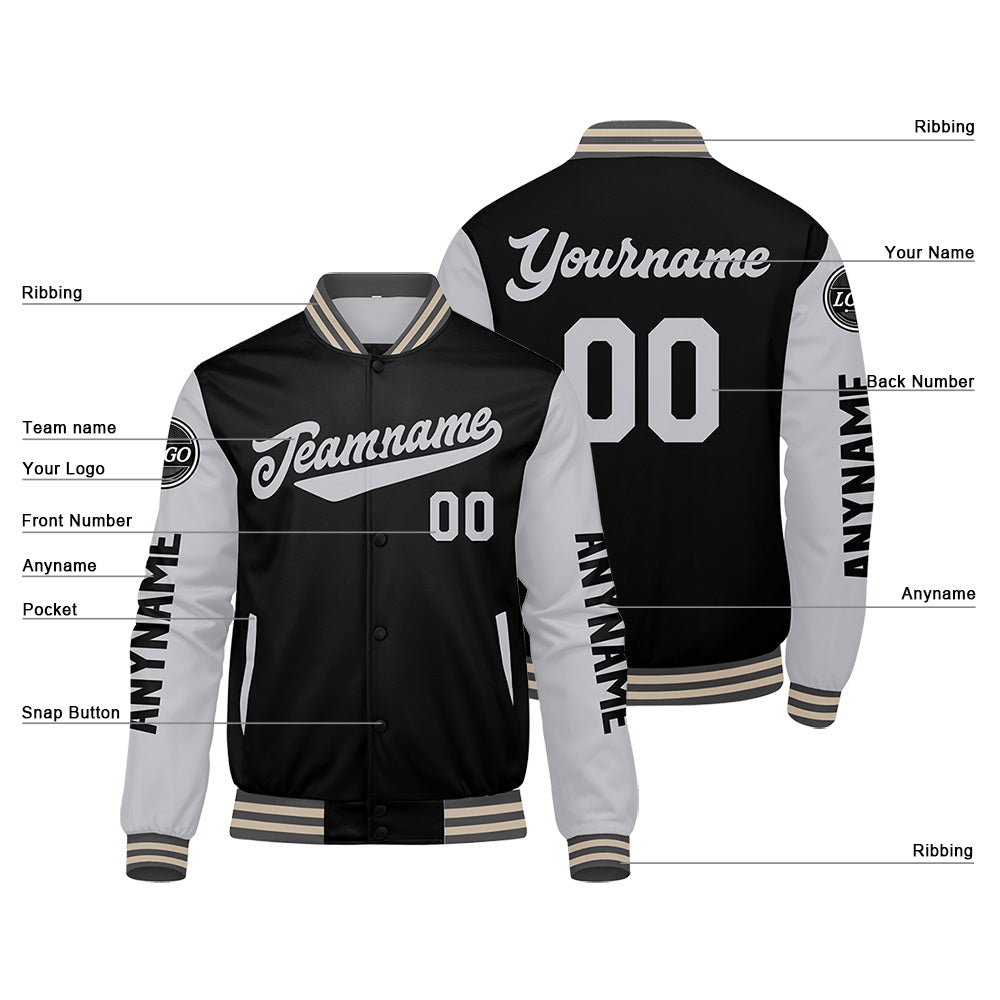 Chaquetas universitarias personalizadas en gris & negro y crema para hombres & mujeres y jóvenes & Chaquetas Letterman personalizadas
