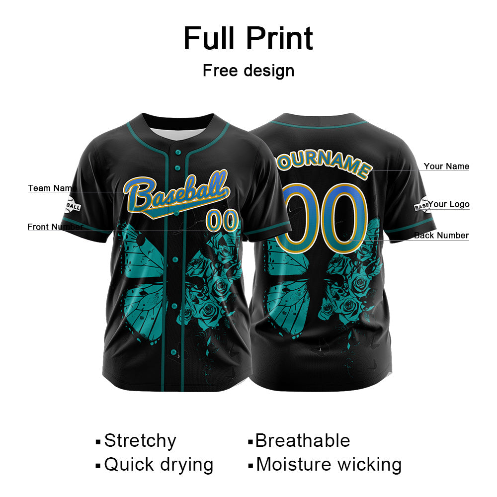 Camiseta de béisbol negra personalizada con botones para hombre mujer adulto y joven Nombre número y logotipo impresos