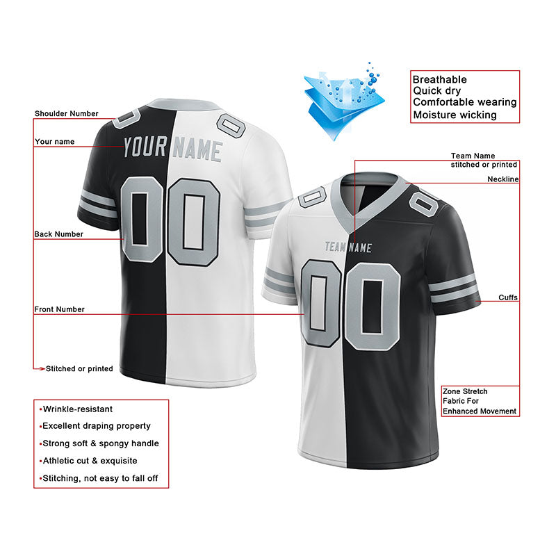 custom authentic split fashion football jersey black-white-gray mesh