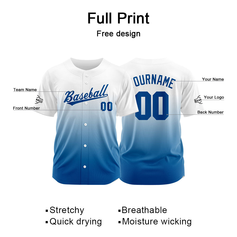 Camiseta de béisbol azul y blanca con dise?o personalizado estampado a todo color