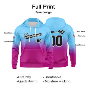 Sudadera con capucha personalizada con degradado para hombre-mujer-niña o niño Estampa tu logotipo-nombre o número en azul claro-rosa o morado