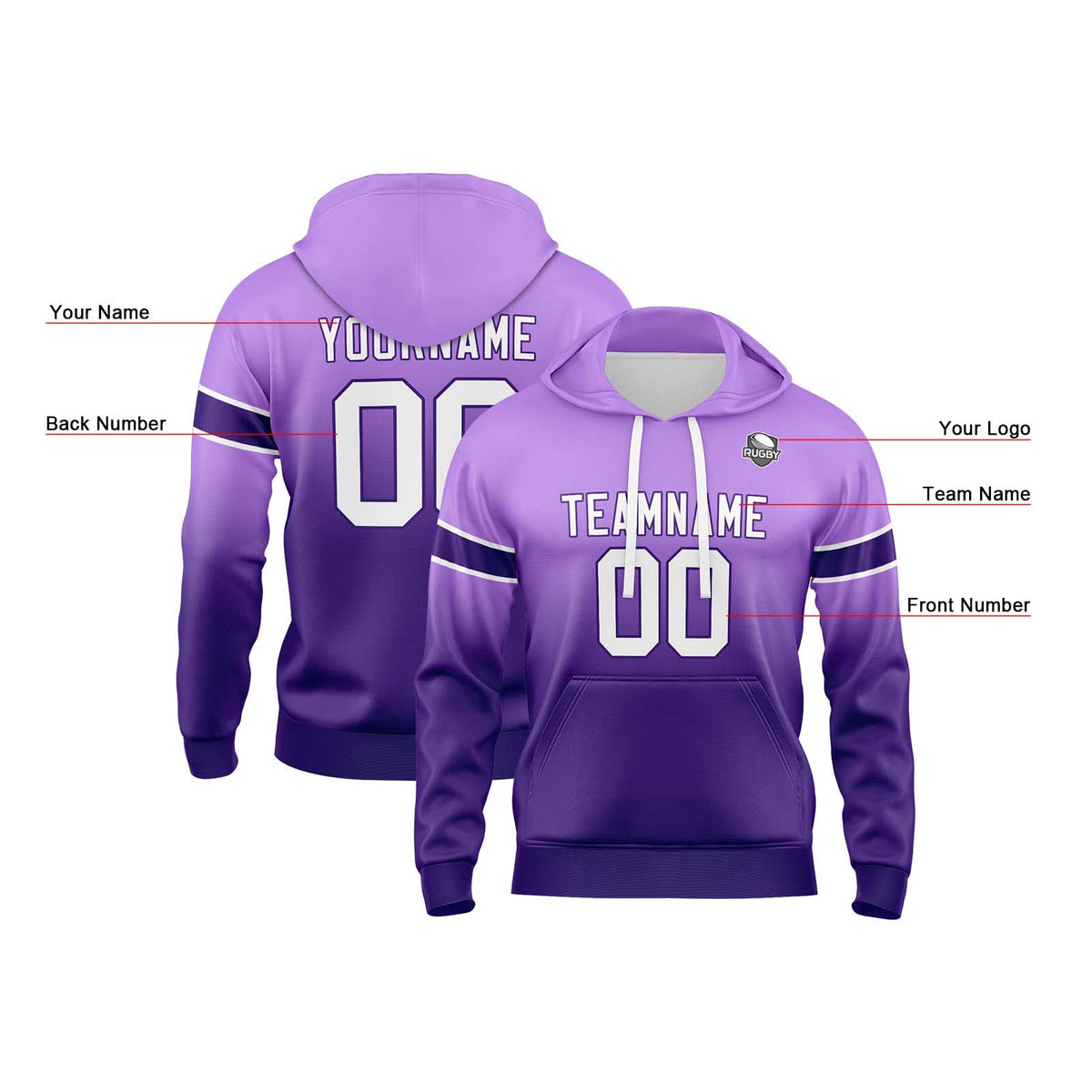 Sudadera con capucha degradada personalizada para hombre-mujer-niña o niño Estampa tu logotipo-nombre o número en color morado