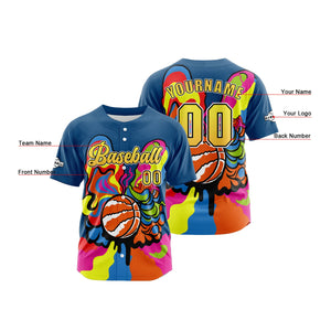 Camiseta de béisbol personalizada azul y amarilla con botones para hombre mujer adulto y joven Estampado de nombre número y logotipo