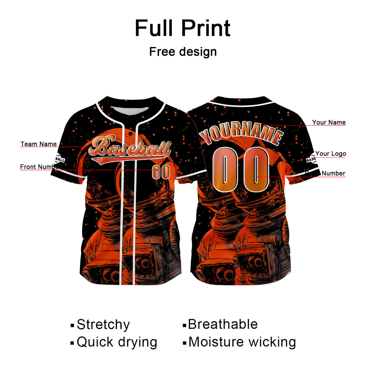 Camiseta de béisbol naranja personalizada con nombre número y logotipo personalizados