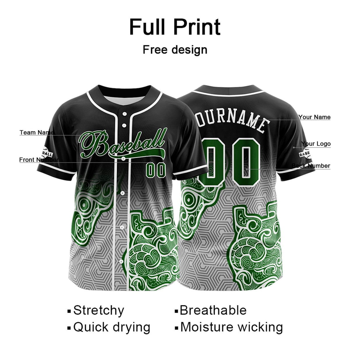Camiseta de béisbol personalizada negra y verde con botones para hombre mujer adulto y joven Estampado de nombre número y logotipo