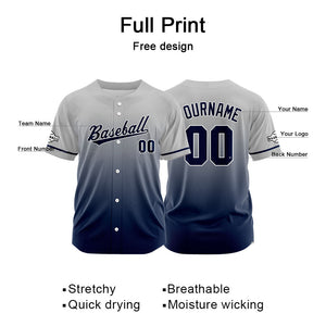 Camiseta de béisbol con dise?o personalizado estampado completo azul marino y gris