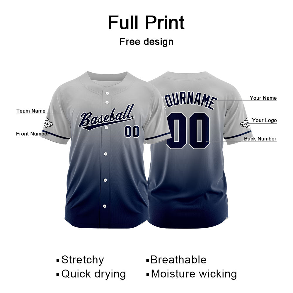 Camiseta de béisbol con dise?o personalizado estampado completo azul marino y gris