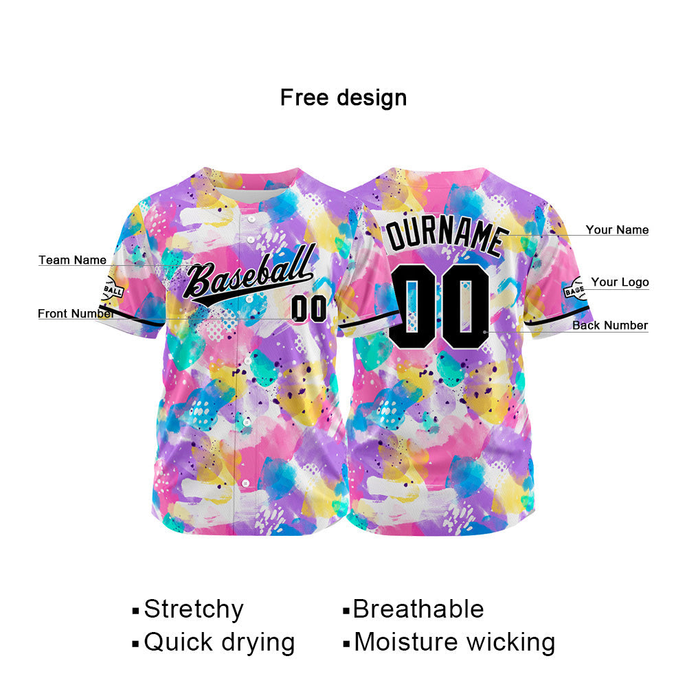 Camiseta de béisbol con dise?o personalizado estampado completo en rosa y morado