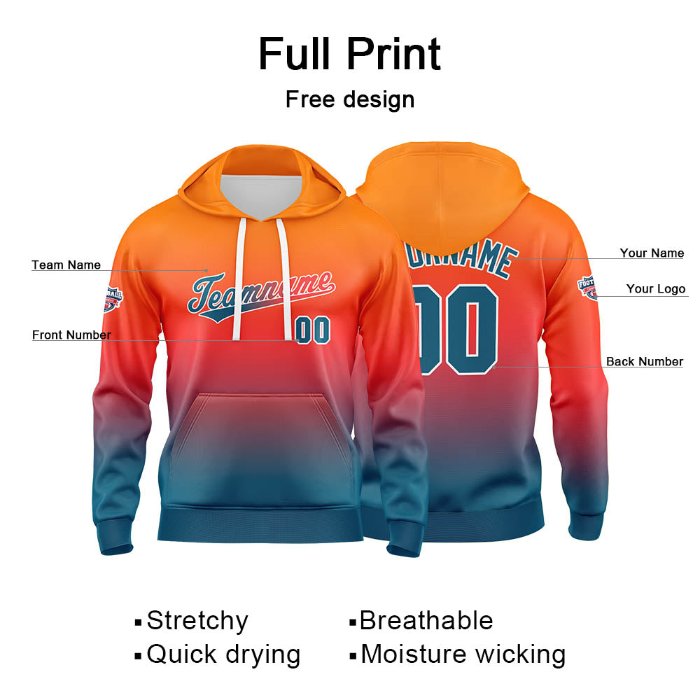 Sudadera con capucha personalizada con degradado para hombre-mujer-niña o niño Estampa tu logotipo-nombre o número en color naranja y azul lago