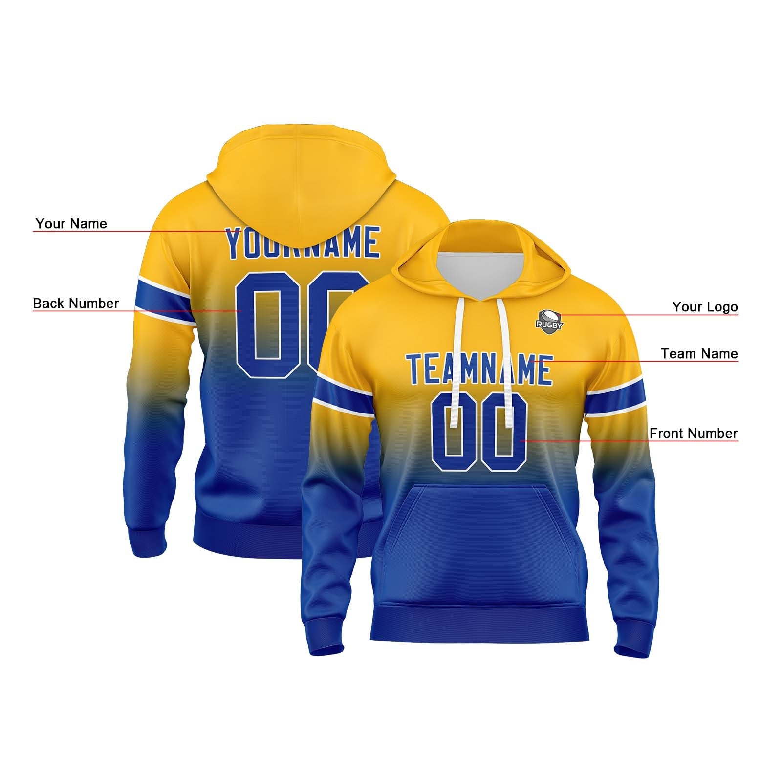 Sudadera con capucha personalizada con degradado para hombre-mujer-niña o niño Estampa tu logotipo-nombre y número en amarillo y azul