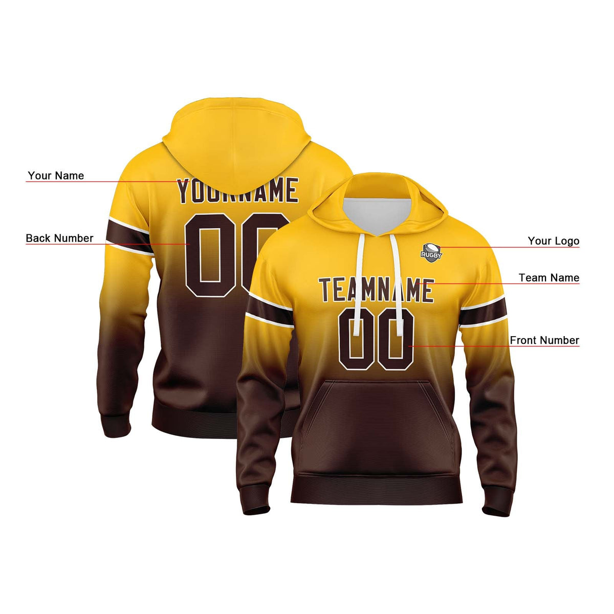 Sudadera con capucha degradada personalizada para hombre-mujer-niña o niño Imprime tu logotipo-nombre o número en amarillo y marrón