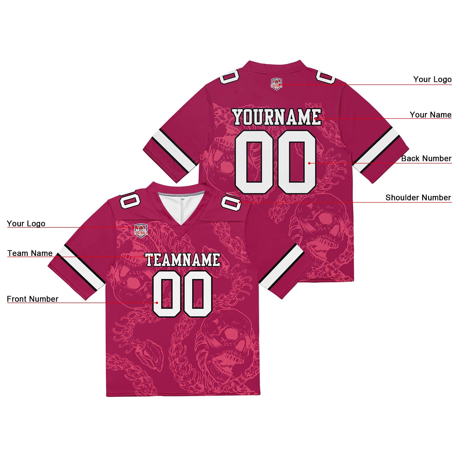 Camiseta de fútbol personalizada con nombre y número del equipo bordados y estampados-color rojo frambuesa