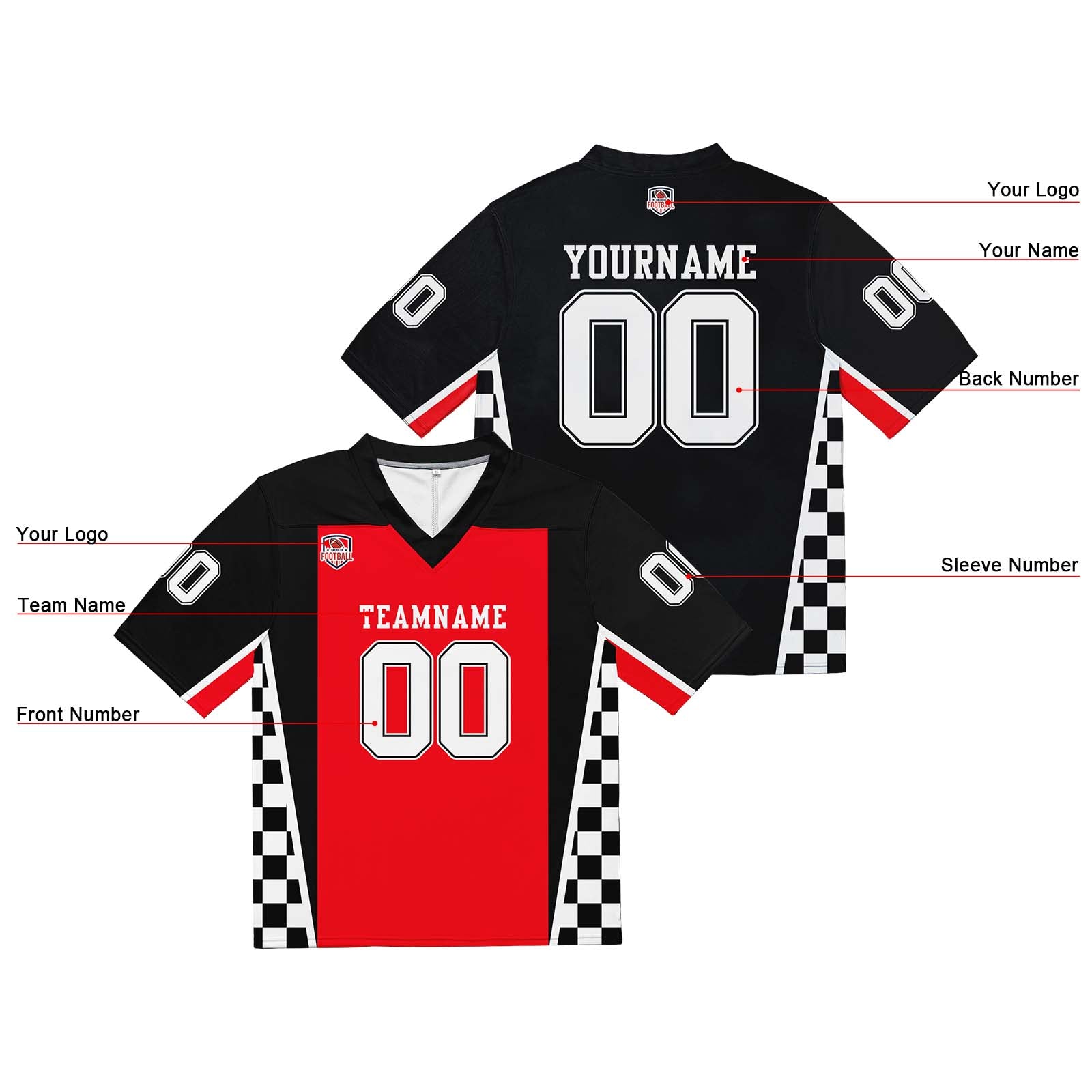 Camiseta de fútbol personalizada con nombre y número del equipo impresos y bordados-en rojo-negro y blanco