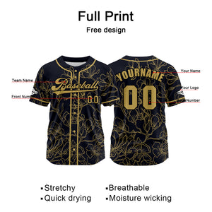 Camiseta de béisbol personalizada en negro y dorado con nombre número y logotipo personalizados