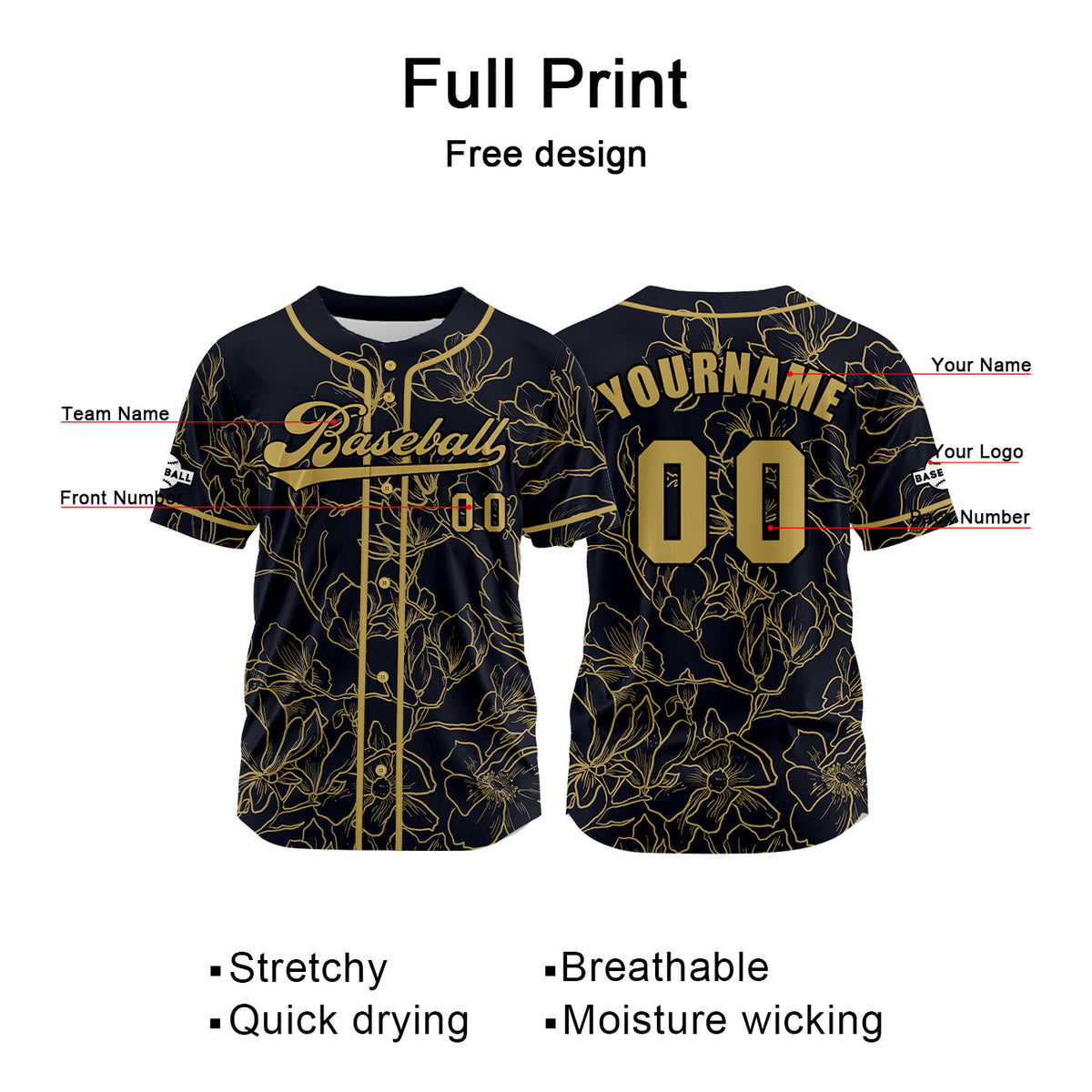 Camiseta de béisbol personalizada en negro y dorado con nombre número y logotipo personalizados