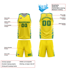Uniforme de baloncesto personalizado amarillo y verde con tu logotipo-nombre y número impresos