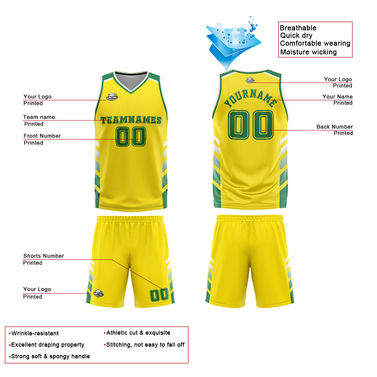 Uniforme de baloncesto personalizado amarillo y verde con tu logotipo-nombre y número impresos