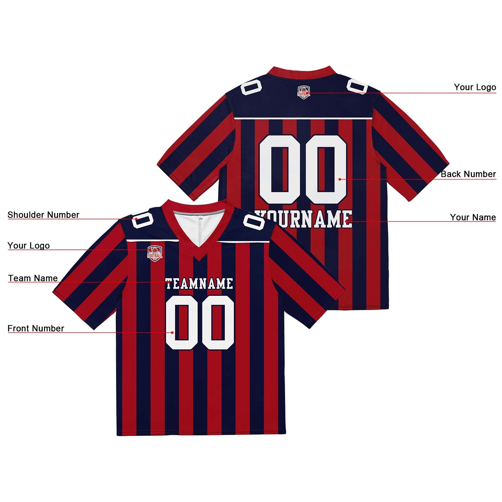 Camiseta de fútbol personalizada con nombre y número del equipo bordados-color rojo y azul marino