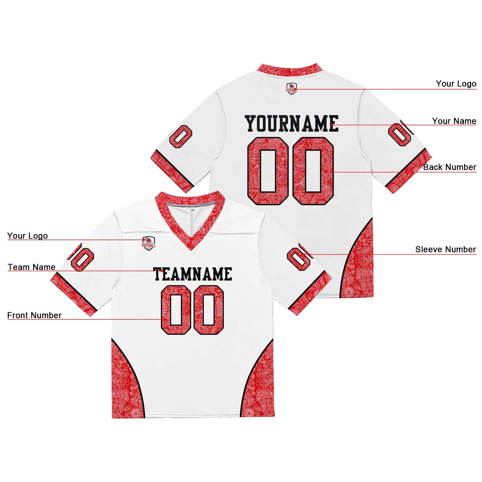 Camiseta de fútbol personalizada con nombre y número del equipo bordados-color blanco y rojo