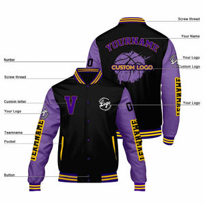 Chaquetas universitarias personalizadas negras y moradas para hombres & mujeres y jóvenes & Chaquetas Letterman personalizadas