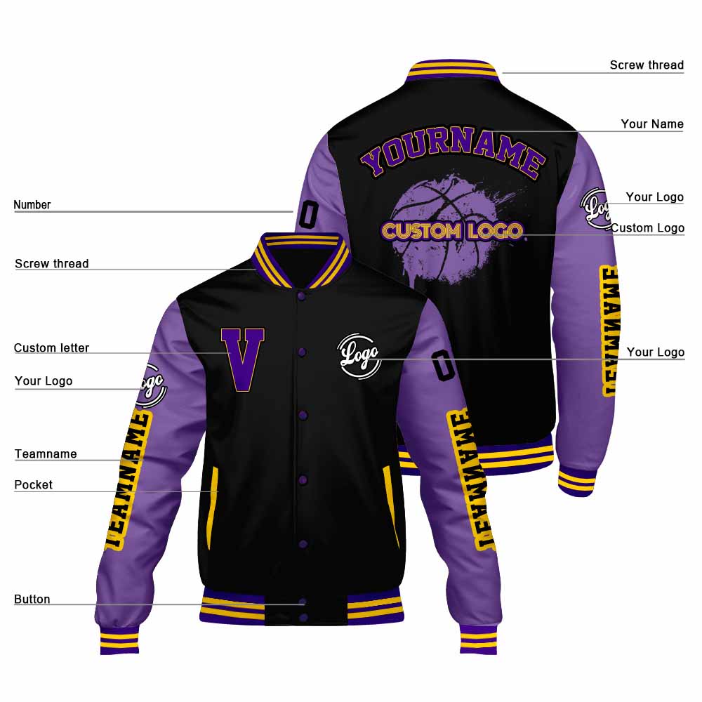 Chaquetas universitarias personalizadas negras y moradas para hombres & mujeres y jóvenes & Chaquetas Letterman personalizadas