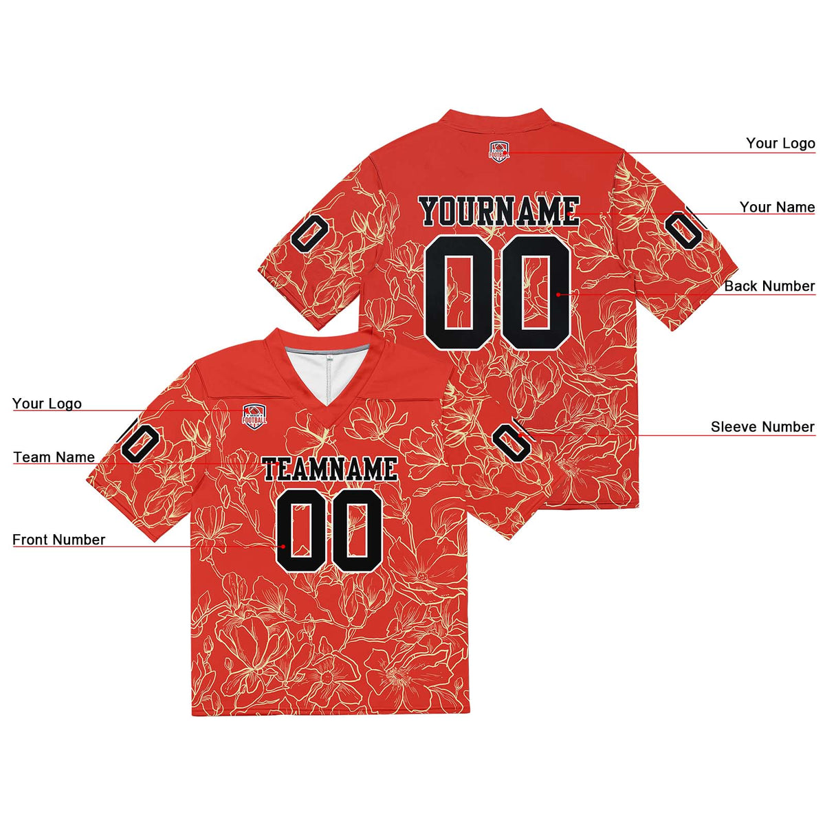 Camiseta de fútbol personalizada con nombre y número del equipo bordados y estampados en color mandarina