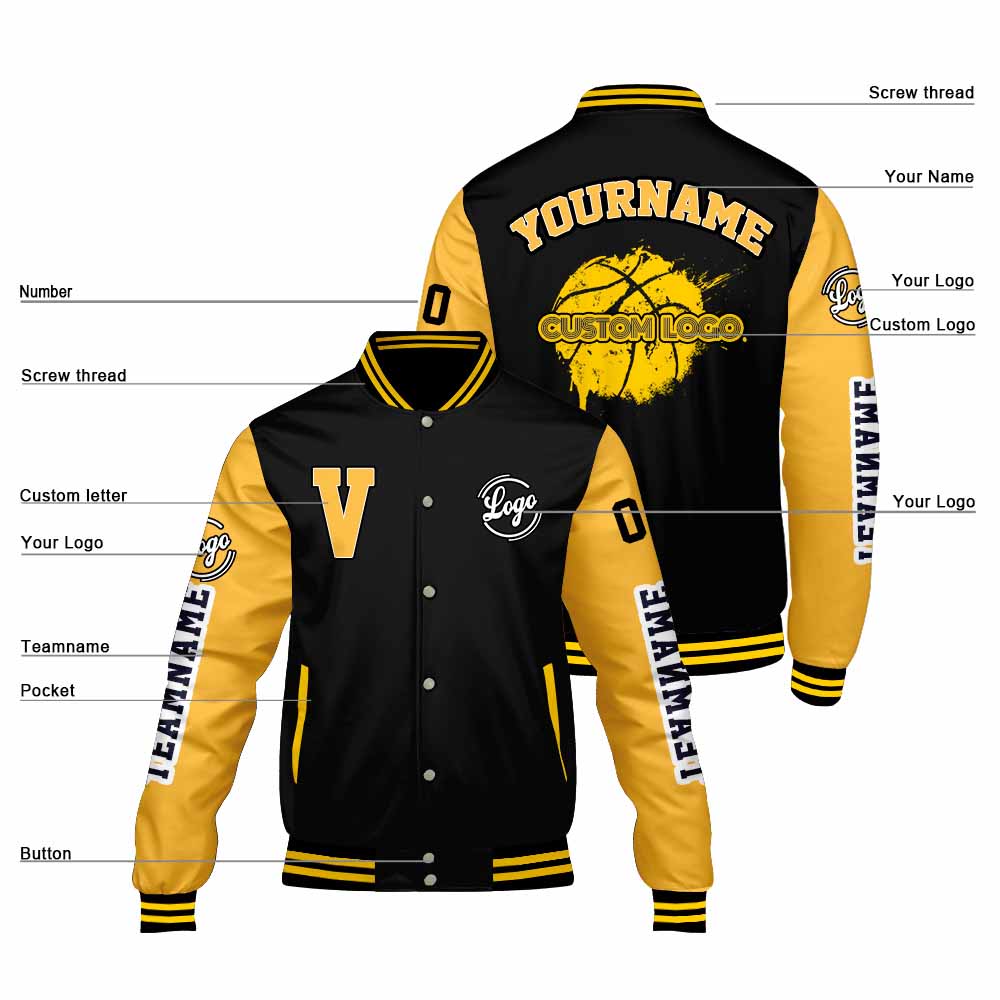 Chaquetas universitarias personalizadas negras y amarillas para hombres & mujeres y jóvenes & Chaquetas Letterman personalizadas