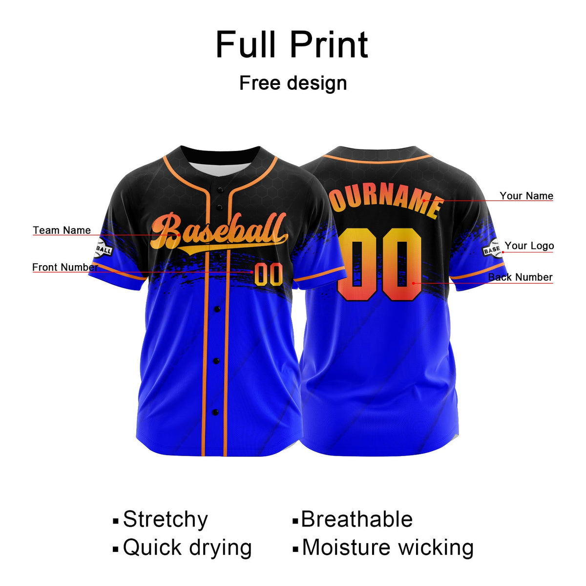 Camiseta de béisbol personalizada azul y negra con botones para hombre mujer adulto y joven Estampado de nombre número y logotipo