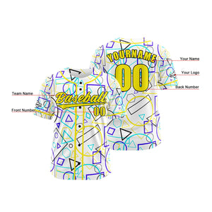 Camiseta de béisbol personalizada blanca y amarilla con botones para hombre mujer adulto y joven Estampado de nombre número y logotipo