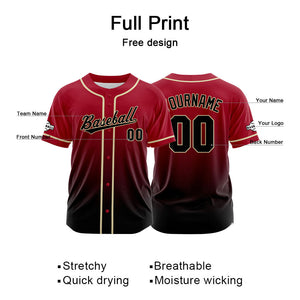 Camiseta de béisbol con dise?o personalizado estampado completo en negro y rojo