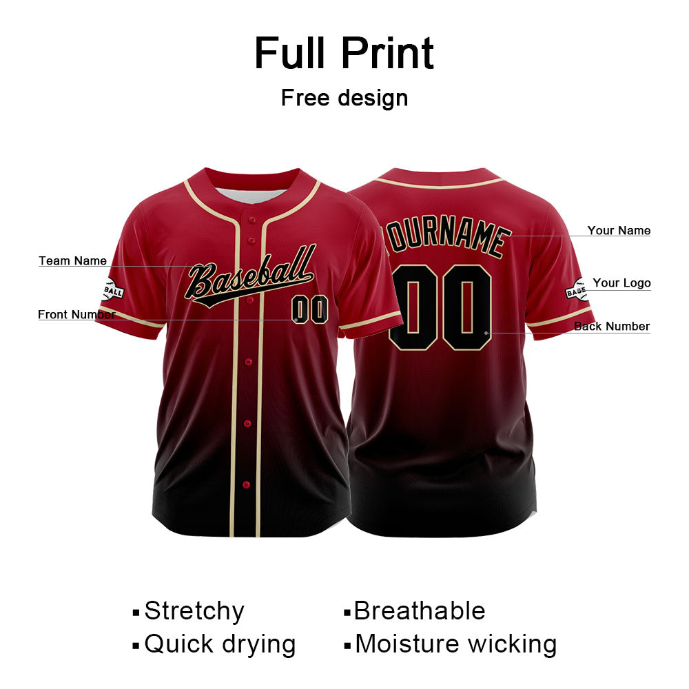 Camiseta de béisbol con dise?o personalizado estampado completo en negro y rojo