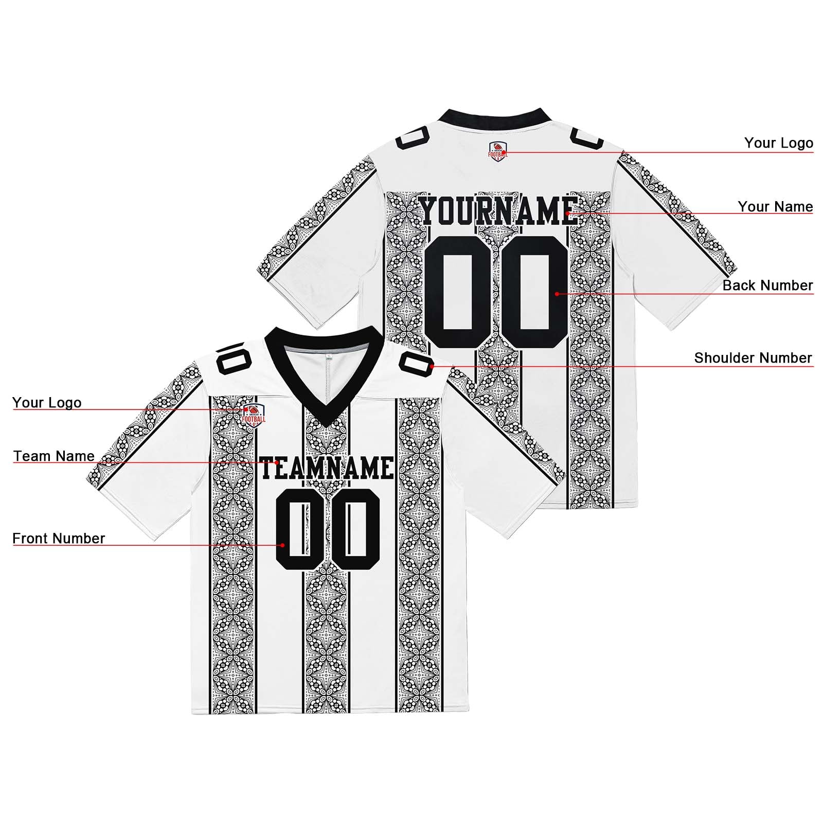 Camiseta de fútbol personalizada con nombre y número del equipo impresos y bordados-color blanco y negro