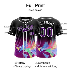 Camiseta de béisbol personalizada negra y morada con botones para hombre mujer adulto y joven con nombre número y logotipo impresos