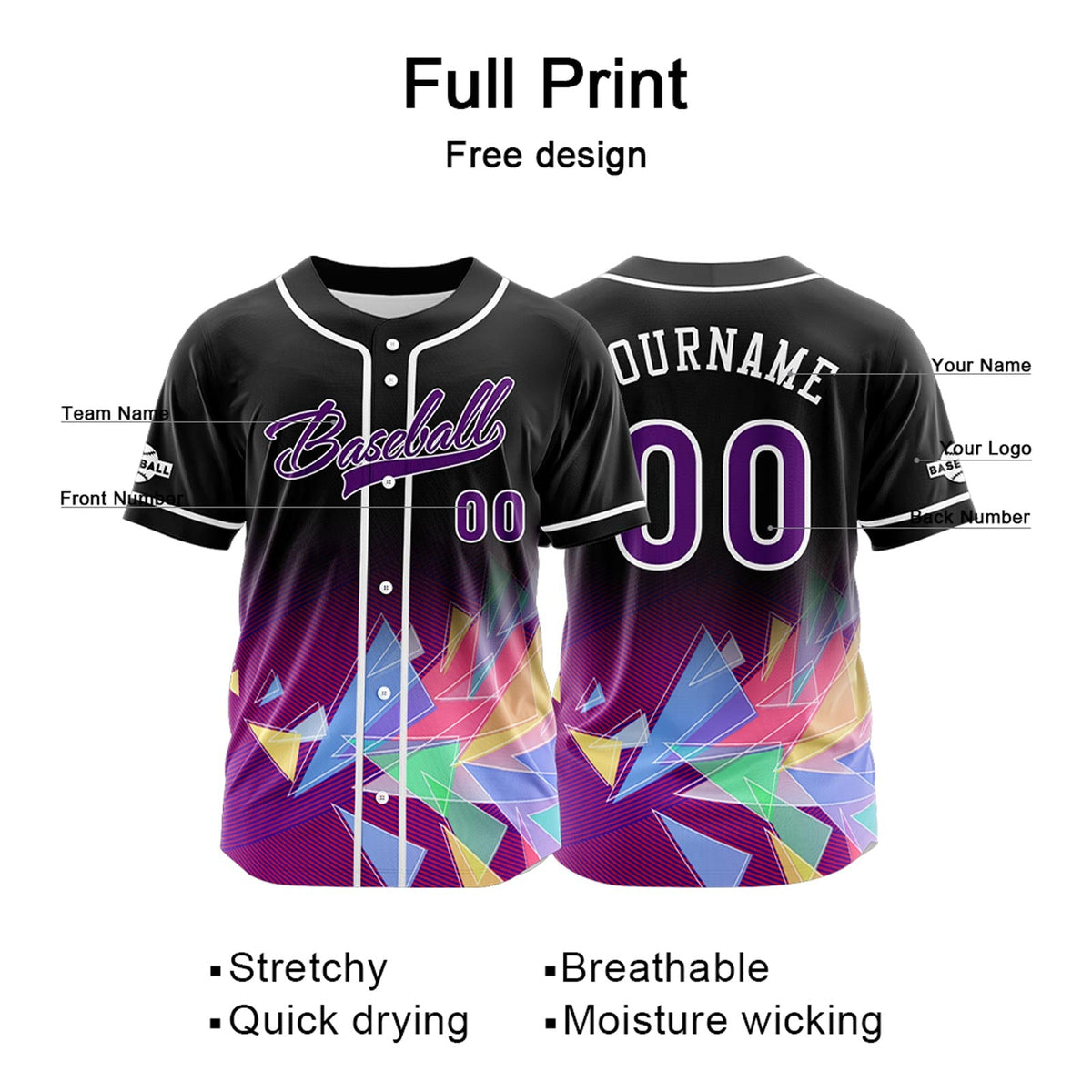 Camiseta de béisbol personalizada negra y morada con botones para hombre mujer adulto y joven con nombre número y logotipo impresos